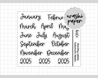 Monthly Scripts for Hobonichi Weeks | Clear Washi Paper Stickers, Hobonichi Cousin Stickers | Transparent Jan - Dec 2025