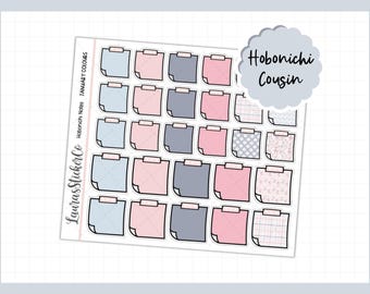 May include: Sheet of planner stickers featuring square sticky notes in pastel pink, blue, and gray. The stickers are labeled "Hobonichi Cousin" and "January Colours" with the brand name "LaurasStickerCo".