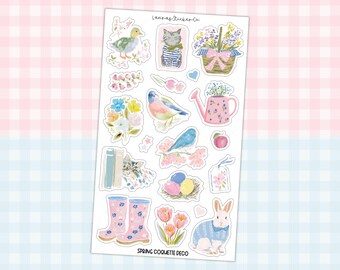Spring Deco Sticker Sheet | Coquette Planner Deco, Scrapbook Journal Stickers, Hobonichi Cousin