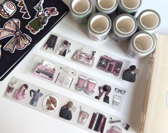 Books and Coffee PET tape for Journals and Planners | Precut Kiss cut Matte sticker roll 5m
