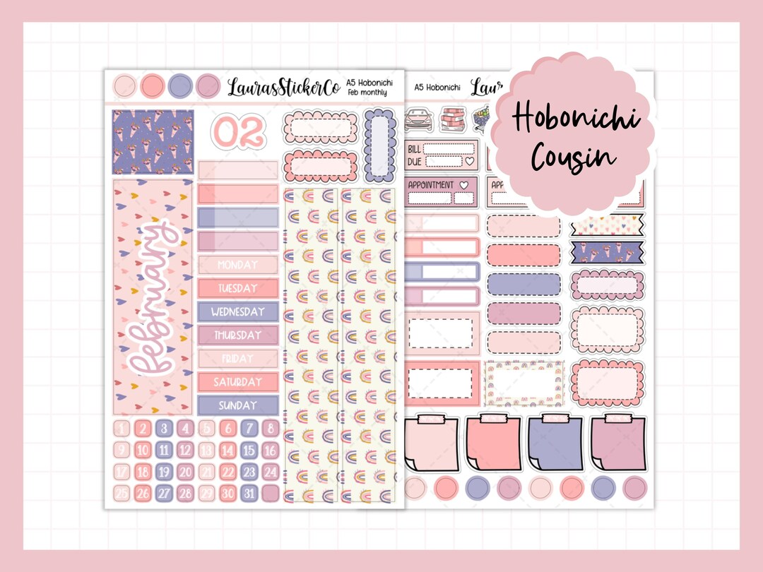 February Monthly Sticker Kit | Hobonichi Cousin Sticker Kit | A5 ...