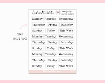 Days of the Week Scripts | Clear Journal Stickers Mon - Sun | Transparent Matte, Washi Paper | Typewriter Font, Hobonichi Cousin Planner