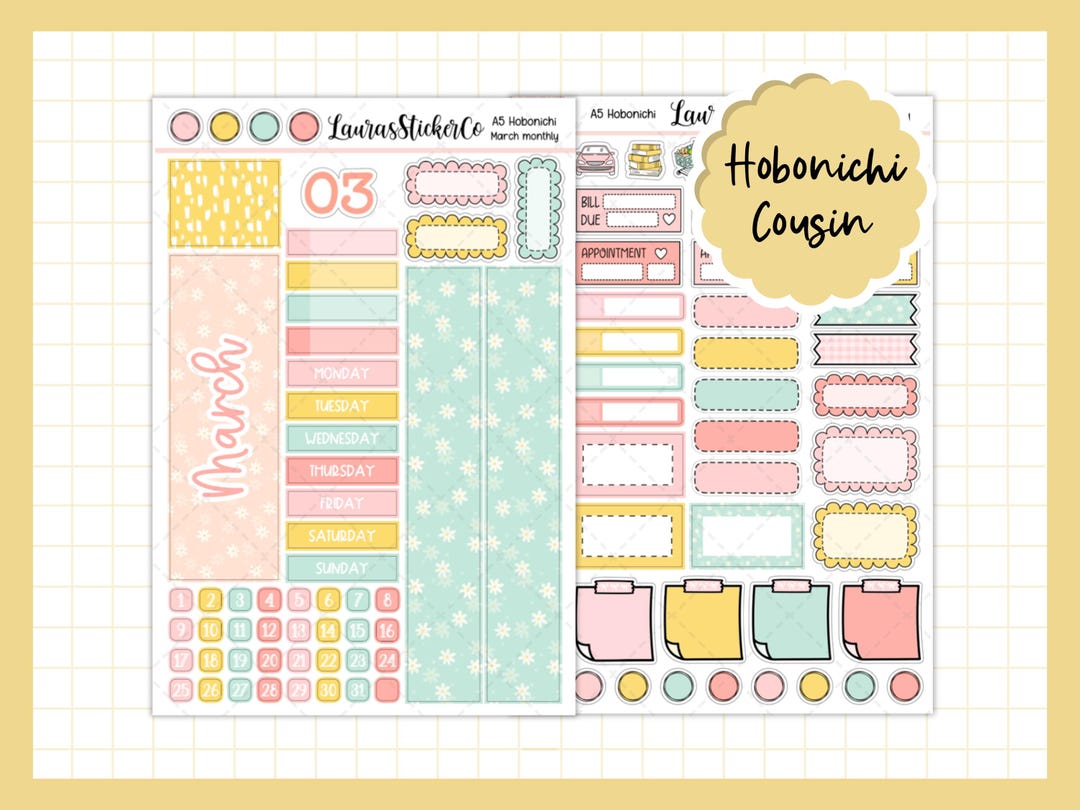 March Monthly Sticker Kit | Hobonichi Cousin Sticker Kit | A5 Hobonichi ...