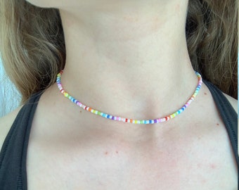 Rainbow|white beaded choker necklace