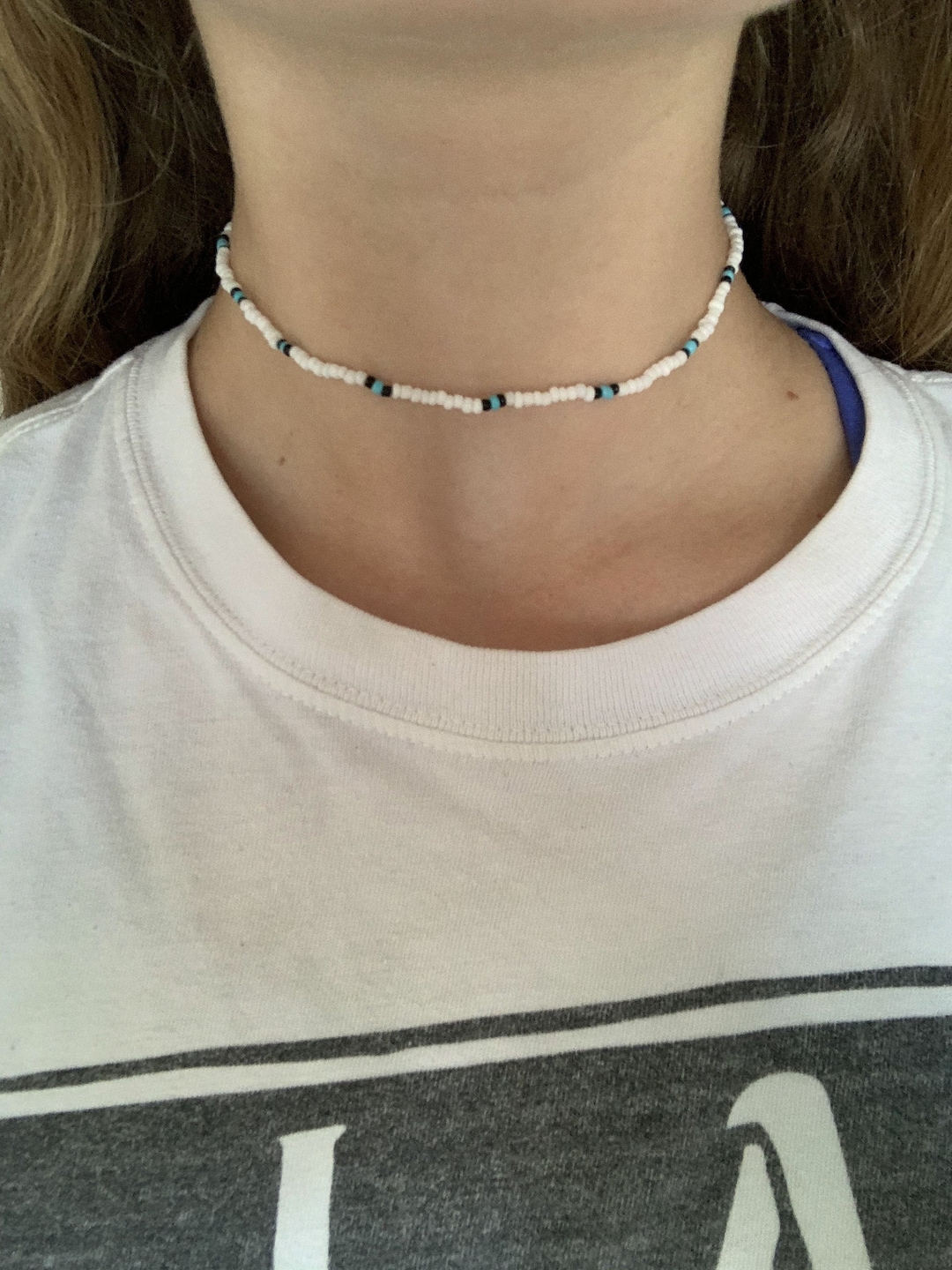 Beaded Necklace/choker- OBX, VSCO, Surfing (white, Black, Blue)