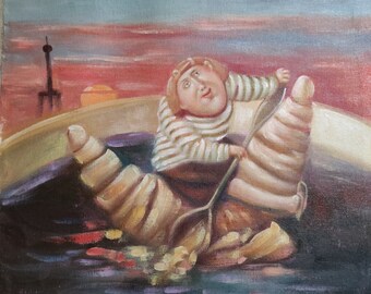 surrealist art scene painting oil painting on canvas signed vvie la France / surrealist original oil painitng on canvas