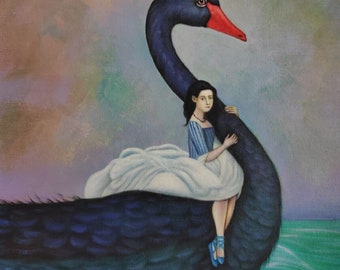May include: A painting of a young woman sitting on the back of a large black swan. The swan is swimming in a turquoise sea with white waves. The woman is wearing a blue and white dress and blue shoes.