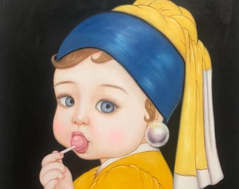 surrealist art scene painting oil painting on canvas signed / surrealist big eyes original oil painitng on canvas