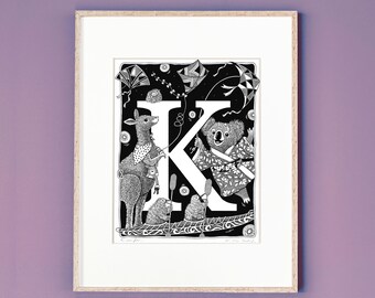 Letter K Art Print, Whimsical Animal Art