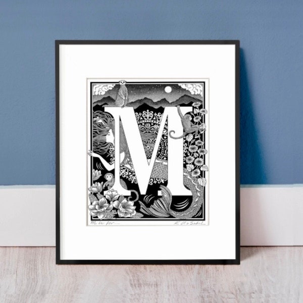 Letter M Art (Initial, Monogram) is for...Mandala, moon, mermaid, mountains, morning glories, meerkat, magnolias, monkeys, and mouse!