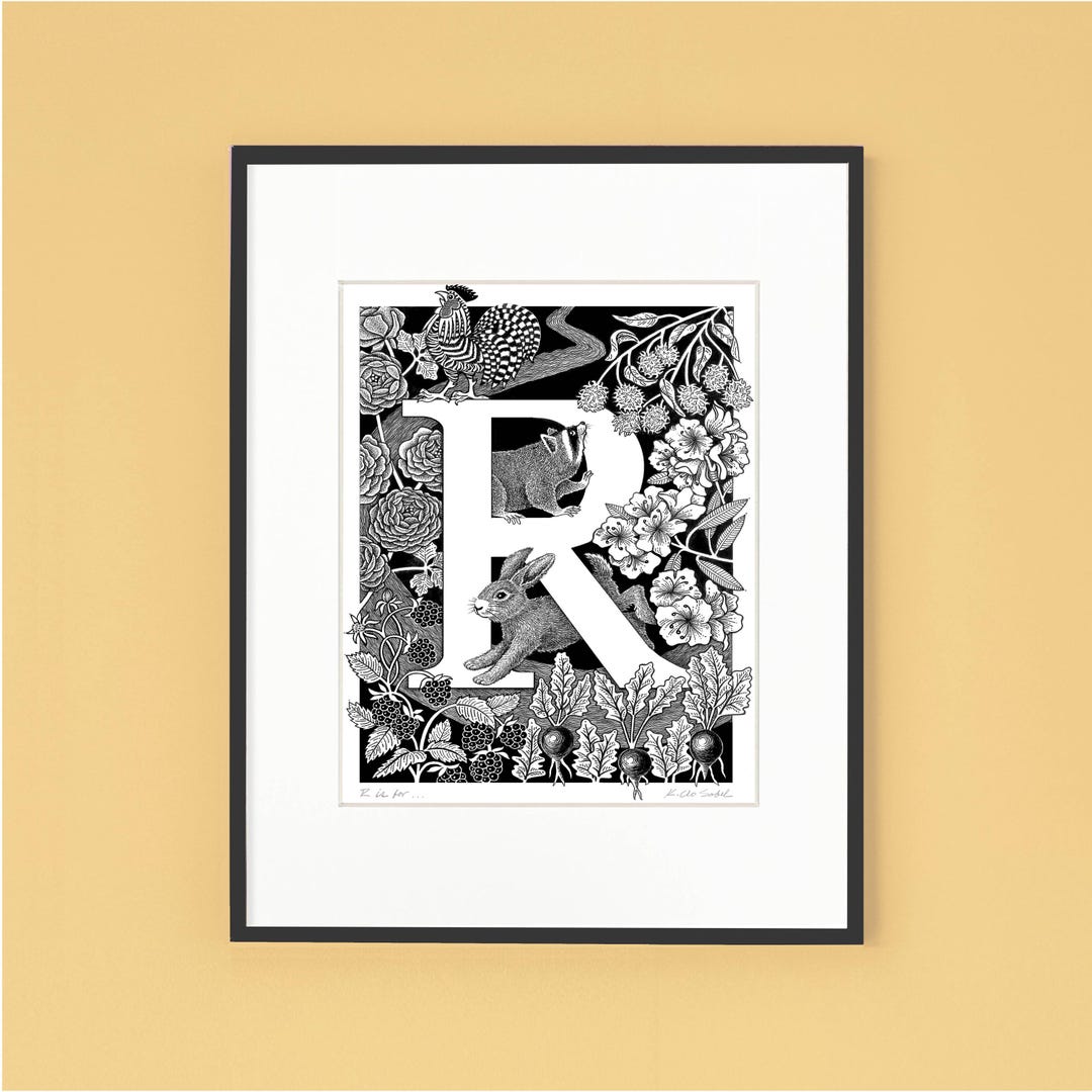 Letter R Art Print - Initial Monogram With Animals & Botanicals - Etsy