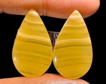 Mind Blowing Top Grade Quality 100% Natural Yellow Lace Agate Pear Shape Cabochon Gemstone Pair For Making Earrings 30 Ct. 28X16X4 mm H-3237