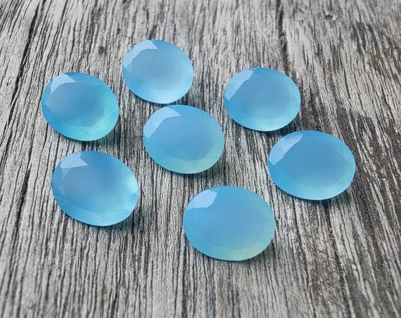 Pieces of Aqua Chalcedony Faceted Cut Oval Shape Gemstones