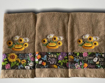 Bathroom hand towels, cocoa bathroom hand towels, embroidered  sunflower design bathroom hand towels, new home gift, bridal shower gift