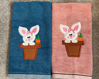 Easter embroidered bathroom hand towels, kitchen Easter embroidered towels, Pink Easter towels, Blue Easter towels.