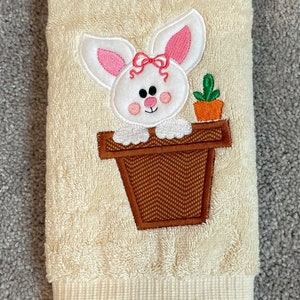 Easter bathroom hand towel, cream hand towels, embroidered Easter bathroom hand towels, bunny hand towel. image 1