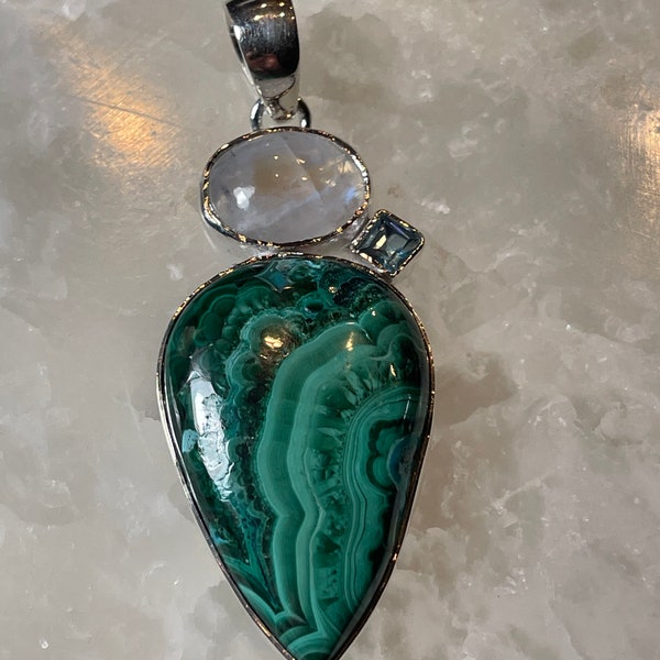 Malachite, Moonstone and Blue Topaz Pendant