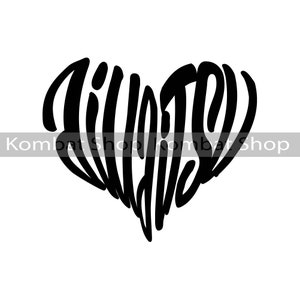 Może przedstawiać: Czarno-biały projekt graficzny słowa "Love" w kształcie serca.