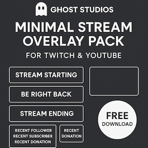 May include: A dark gray graphic with white text and elements. The text reads "GHOST STUDIOS" and "MINIMAL STREAM OVERLAY PACK FOR TWITCH & YOUTUBE." Buttons include "STREAM STARTING," "BE RIGHT BACK," and "STREAM ENDING." A white circle says "FREE DOWNLOAD."