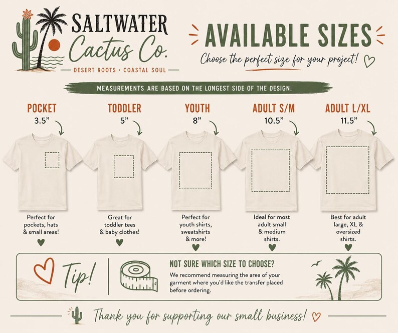 Puede incluir: Una gu&iacute;a de tallas para transferencias textiles con cinco iconos de camisetas beige y cuadrados punteados. Las medidas son Pocket 8,9 cm, Toddler 12,7 cm, Youth 20,3 cm, Adult S/M 26,7 cm y Adult L/XL 29,2 cm. Incluye un icono de cinta m&eacute;trica y texto.