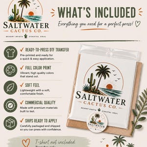 Puede incluir: Una hoja de transferencia DTF de Saltwater Cactus Co. en una funda de pl&aacute;stico transparente, con un gr&aacute;fico de una palmera, un cactus y una puesta de sol sobre el oc&eacute;ano. El texto dice Saltwater Cactus Co. Desert Roots Coastal Soul.