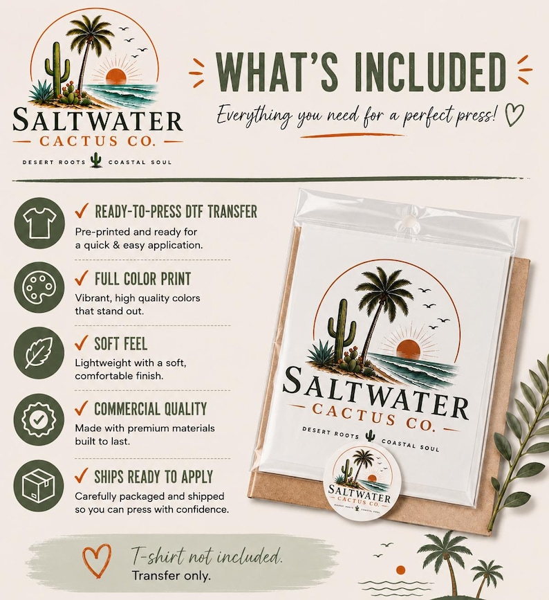 Puede incluir: Una hoja de transferencia DTF de Saltwater Cactus Co. en una funda de pl&aacute;stico transparente, con un gr&aacute;fico de una palmera, un cactus y una puesta de sol sobre el oc&eacute;ano. El texto dice Saltwater Cactus Co. Desert Roots Coastal Soul.