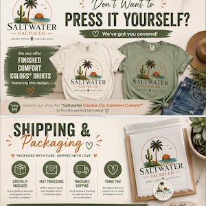 Puede incluir: Dos camisetas en color crema y verde salvia con un gr&aacute;fico de una palmera, un cactus y una puesta de sol con el texto Saltwater Cactus Co. Desert Roots Coastal Soul. Debajo, una hoja de transferencia empaquetada muestra el mismo dise&ntilde;o.