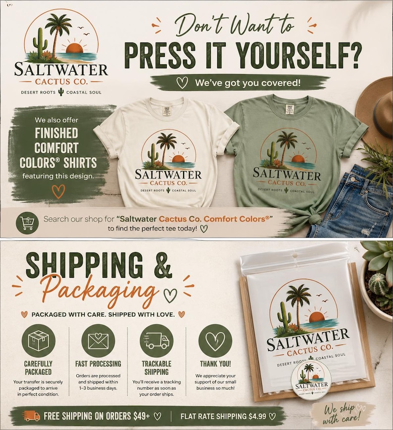 Puede incluir: Dos camisetas en color crema y verde salvia con un gr&aacute;fico de una palmera, un cactus y una puesta de sol con el texto Saltwater Cactus Co. Desert Roots Coastal Soul. Debajo, una hoja de transferencia empaquetada muestra el mismo dise&ntilde;o.