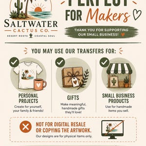 Puede incluir: Un gr&aacute;fico informativo para Saltwater Cactus Co. con un logotipo de desierto y costa. Describe las pautas de uso para transferencias, mostrando iconos para proyectos personales, regalos y productos comerciales, con un aviso contra la reventa digital.