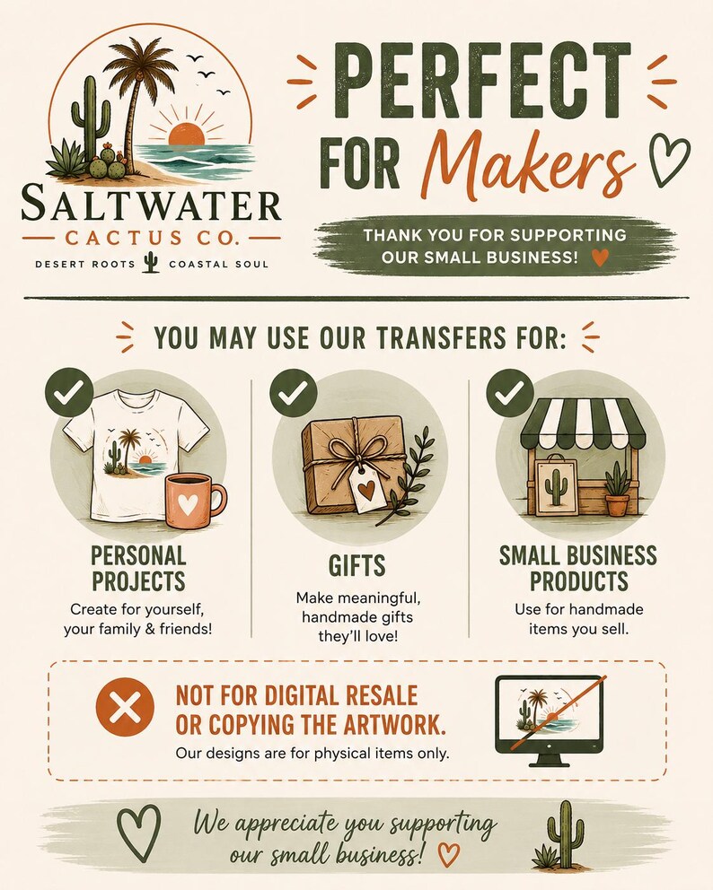 Puede incluir: Un gr&aacute;fico informativo para Saltwater Cactus Co. con un logotipo de desierto y costa. Describe las pautas de uso para transferencias, mostrando iconos para proyectos personales, regalos y productos comerciales, con un aviso contra la reventa digital.