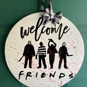 Halloween Friends Door Hanger | 14” Sign for front Door | Welcome Sign | Halloween Door Wreath