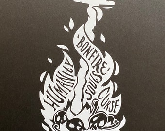 May include: A white silhouette of a sword engulfed in flames with the words "Bonfire, Souls, Curse, Humanity" written on the flames. The words "Dark Souls" are written below the flames.