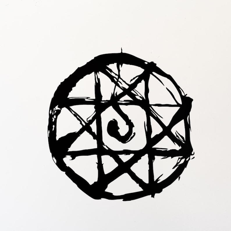 May include: Black and white hand-drawn illustration of a circular symbol with a star inside. The symbol is made up of thick lines and has a rough, textured look.