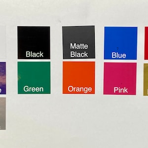 May include: A chart displaying 10 different vinyl colours: white, black, matt black, blue, red, purple, green, orange, pink, and gold metallic. The colours are arranged in a grid of three rows and four columns.