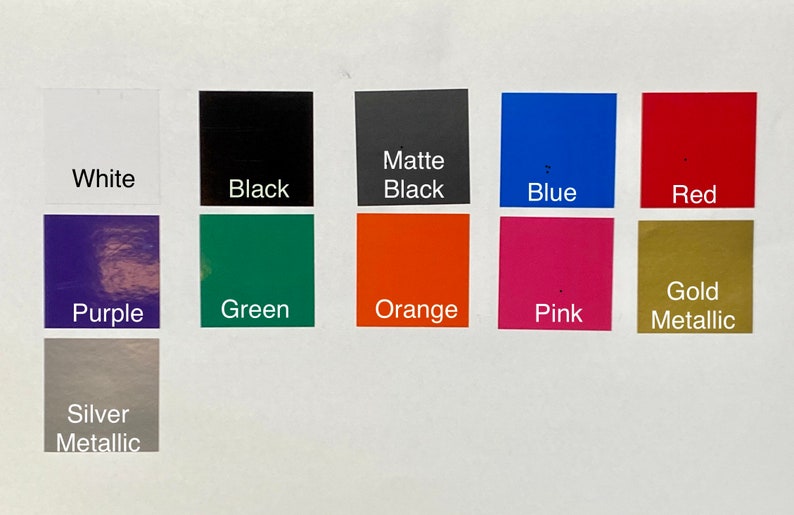 May include: A chart displaying 10 different vinyl colours: white, black, matt black, blue, red, purple, green, orange, pink, and gold metallic. The colours are arranged in a grid of three rows and four columns.