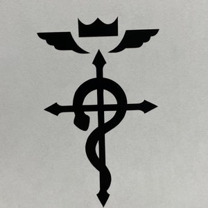 May include: Black and white symbol of a cross with a snake wrapped around it, topped with a crown and wings.