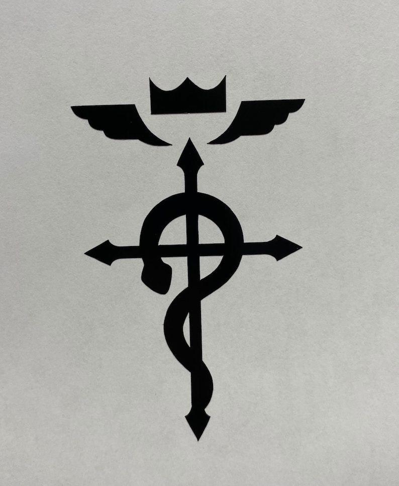 May include: Black and white symbol of a cross with a snake wrapped around it, topped with a crown and wings.