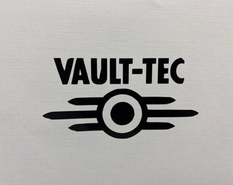 Może przedstawiać: Czarno-białe logo Vault-Tec z tekstem "VAULT-TEC" nad logo.