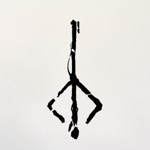 May include: A black and white symbol with a vertical line and two diagonal lines forming a diamond shape. The symbol is often associated with the fictional character, The Crow.