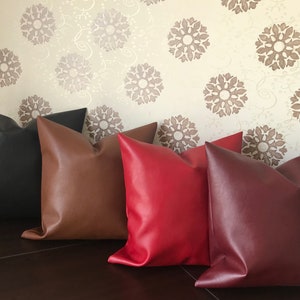 Black Faux Leather Throw Pillow Cover, Red Faux Leather Decorative Pillow Cover, Luxury Brown Throw Decorative Cushion Case