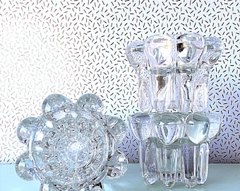 Pair of vintage glass Reims candleholders 1970s for tealights or taper candles on your table and mantlepiece