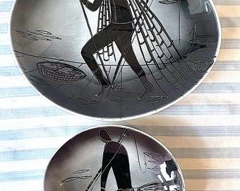 Pair of 1950s Italian SICA (SICART) black and white fisherman themed plates