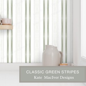 Home Wallpaper Classic Sage Green Stripes on White Heirloom Grandmillennial bedroom walls Wallpaper-Peel and Stick Self Adhesive Pre-Pasted