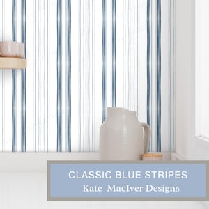 Home Wallpaper Classic Blue Stripes on White Heirloom Grandmillennial bedroom walls Wallpaper-Peel and Stick Self Adhesive Pre-Pasted