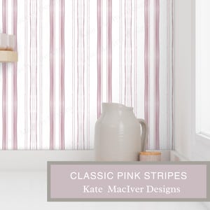 Home Wallpaper Classic Pink Stripes on White Heirloom Grandmillennial bedroom walls Wallpaper-Peel and Stick Self Adhesive Pre-Pasted