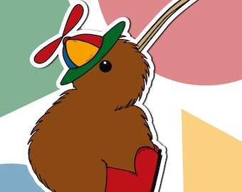 Słodki nowozelandzki ptak kiwi w kaloszach i kapeluszu naklejka winylowa, naklejka na laptopa, zabawna naklejka na zwierzę, naklejka na butelkę z wodą