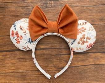New! Autumn Pastel Floral Mouse Ears with Rust Velvet Bow || Disney Inspired Fall Halloween Minnie Ears For Adults