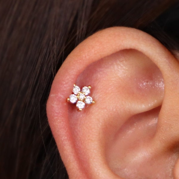 Small Flower 18K Gold & Silver 316L Stainless Steel 16G Earring Screw Ball or Labret Back rook conch