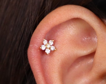 Boucle d'oreille petite fleur, or 18 carats et argent, acier inoxydable 316L, 16 g, vis boule ou labret