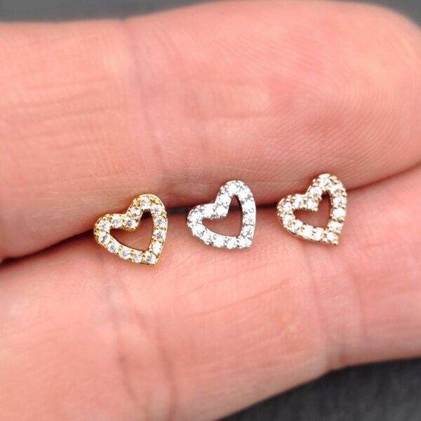 Hollow Heart 18K Gold & Silver 316L Stainless Steel 16G Earrings Screw Ball or Labret Back Helix Piercing Cartilage earring Lobe Tragus